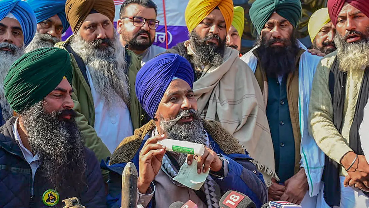 Farmer leader Sarwan Singh Pandher addresses the media at the Punjab-Haryana Shambhu border during their 'Delhi Chalo' protest, near Patiala district, Thursday, Feb. 15, 2024.