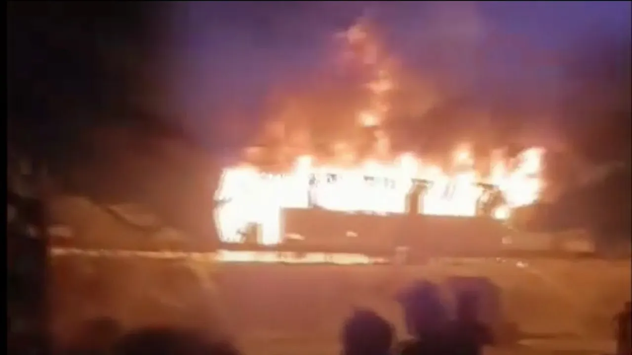 Wreckage of a bus after it caught fire that left at least eight dead and twenty others injured, near Tauru in Haryana's Nuh district, in the early hours of Saturday, May 18, 2024.