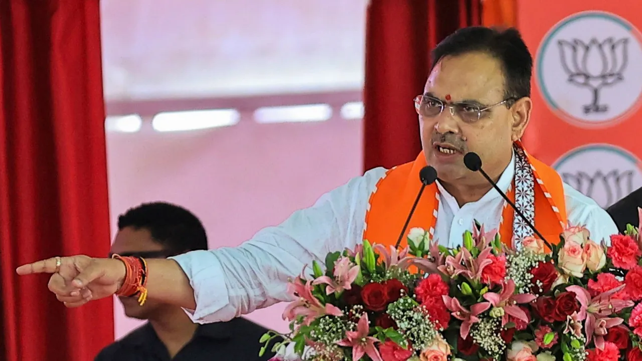 Rajasthan Chief Minister Bhajan Lal Sharma addresses during a public meeting in support of BJP candidate from Jaipur Rural, Rao Rajendra Singh ahead of the Lok Sabha elections, at Kotputli in Jaipur, Tuesday, April 2, 2024