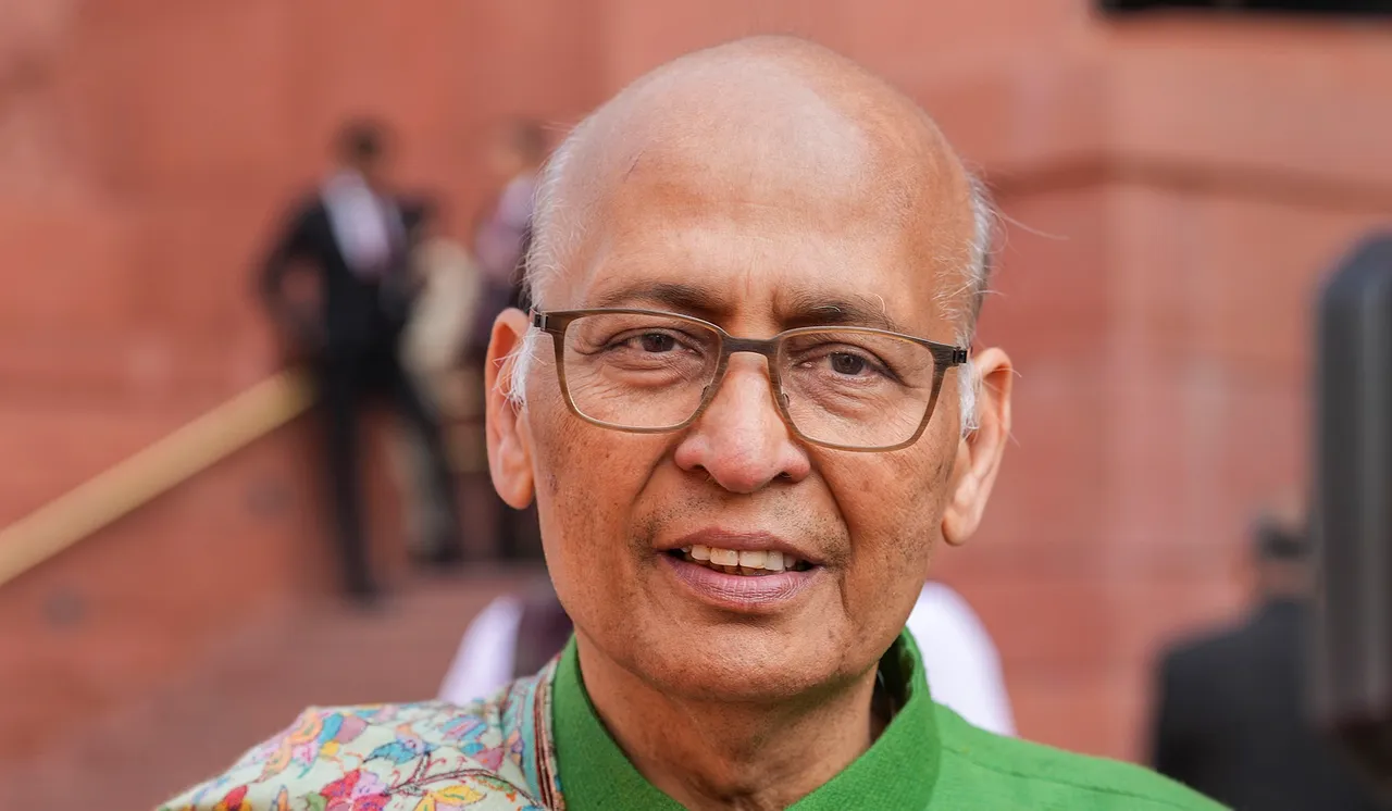 Congress MP Abhishek Manu Singhvi at the Parliament House complex during the Budget session, in New Delhi