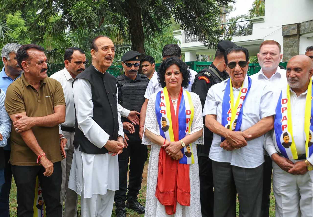 Jammu and Kashmir National Panthers Party (JKNPP) leader Anita Thakur joins Democratic Progressive Azad Party (DPAP) in the presence of DPAP chief Ghulam Nabi Azad, in Jammu