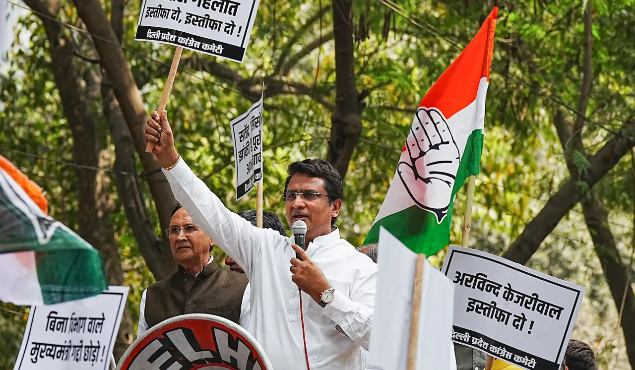 DPCC President Anil Chaudhary speaks during a protest demanding resignation of Delhi Chief Minister Arvind Kejriwal over the now-scrapped excise policy