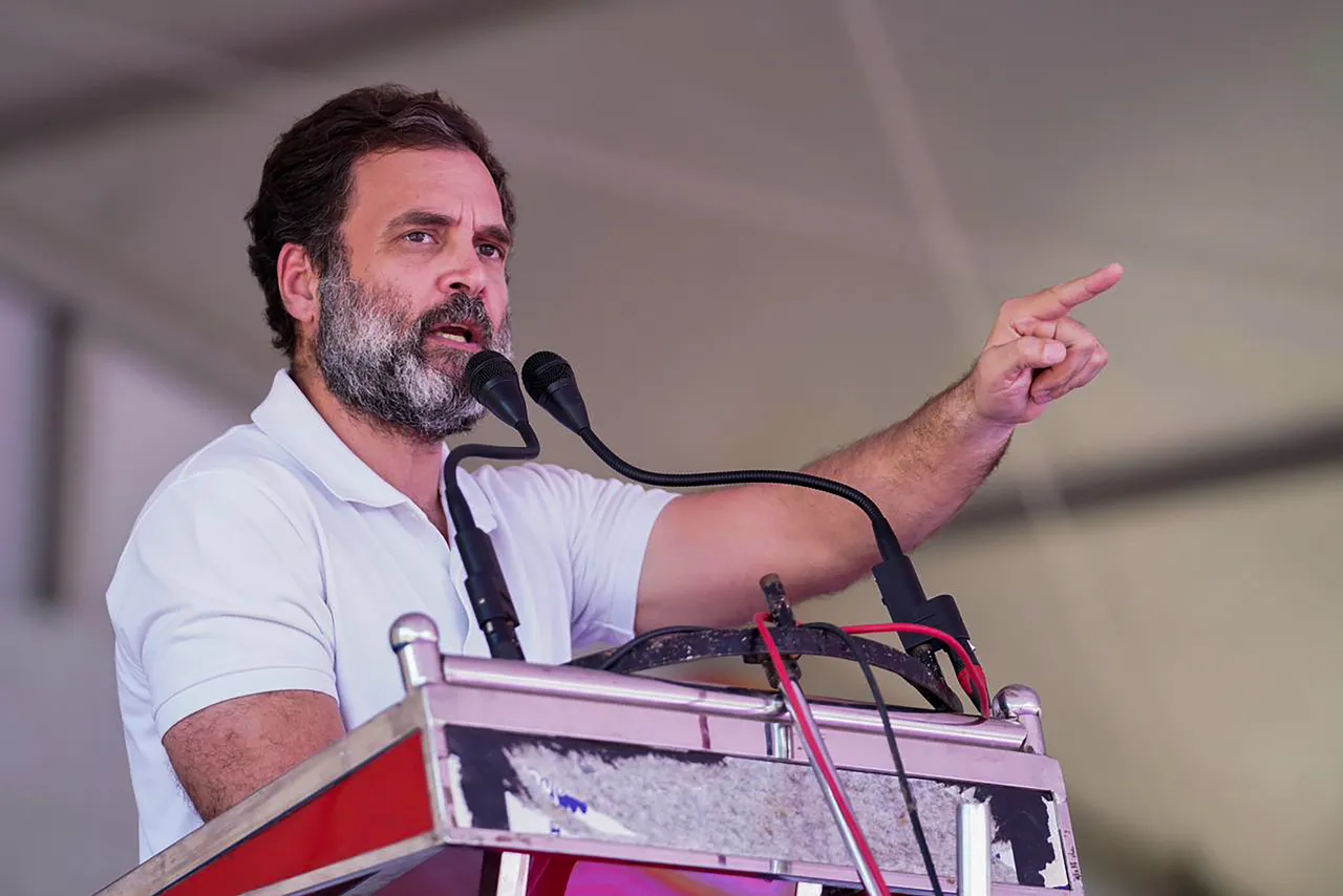 Congress leader Rahul Gandhi addresses a public meeting ahead of the upcoming Karnataka Assembly elections, in Tumkur district