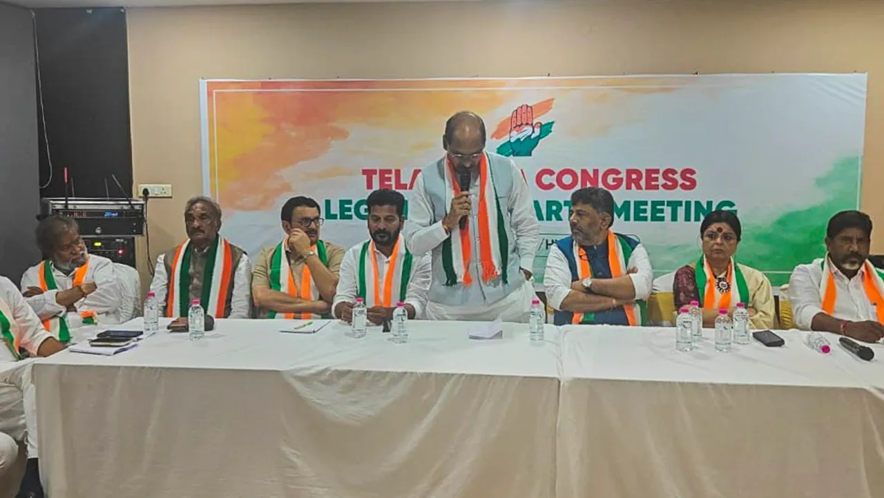 Telangana Congress president A. Revanth Reddy with party leaders D.K. Shivakumar, Manikrao Thakre and others during the Congress Legislature Party (CLP) meeting, in Hyderabad