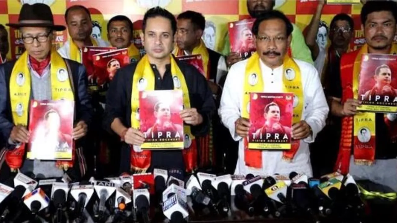 Pradyot Kishore Debbarma releasing Tipra Motha’s manifesto for the Tripura assembly elections at Ujjayanta Palace