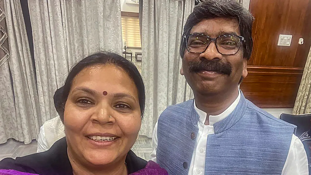 Hemant Soren with Congress MLA Deepika Pandey at the Jharkhand UPA's meeting, in Ranchi, Tuesday, Jan. 30, 2024.