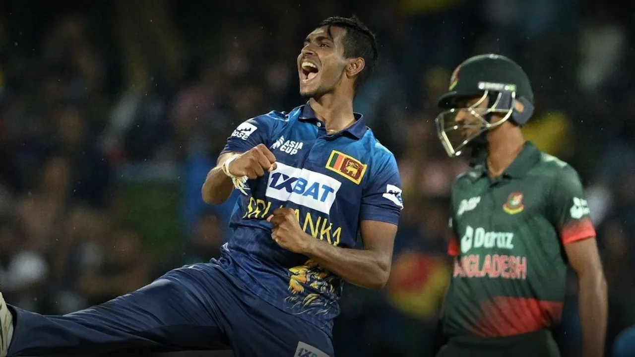 Matheesha Pathirana celebrates wicket in the Asia Cup match against Bangladesh