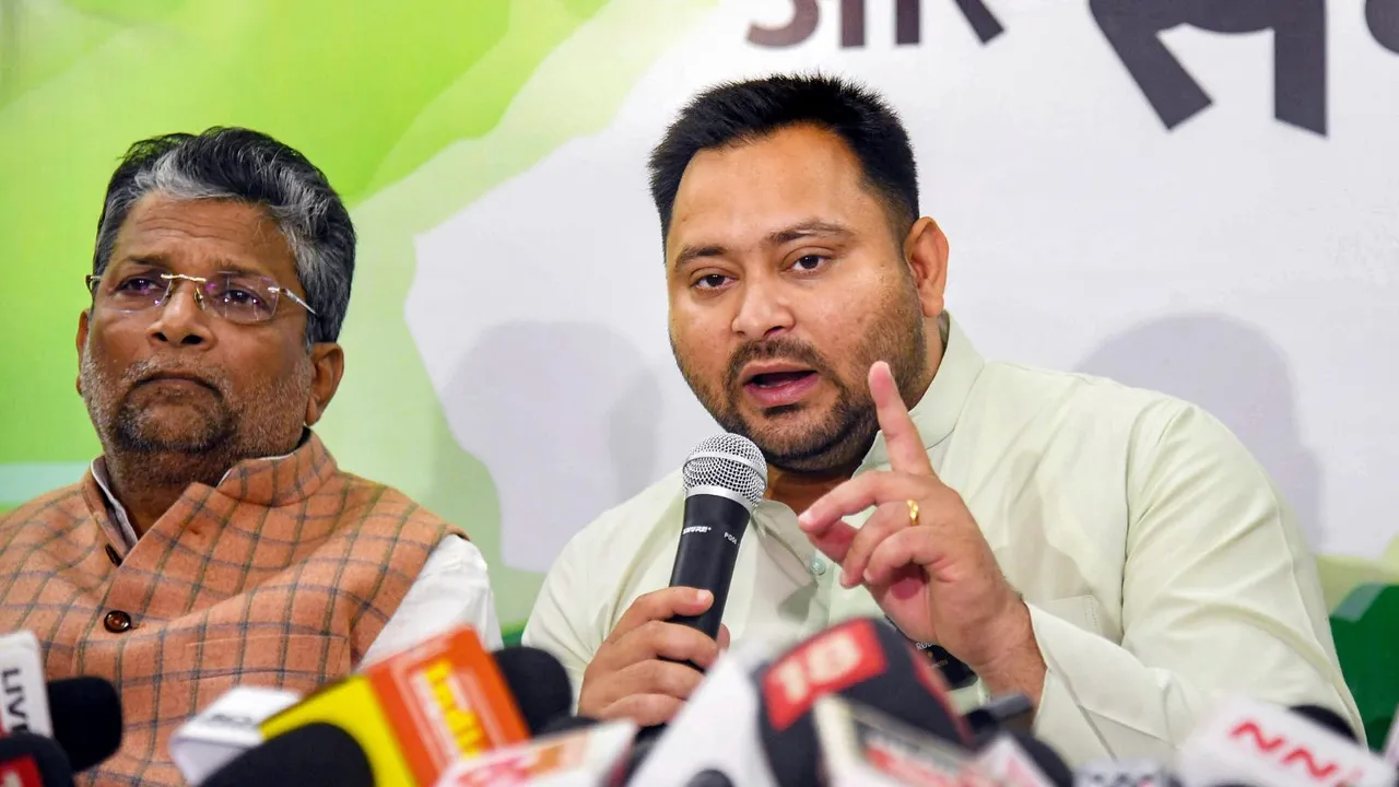 Former Bihar Deputy CM and RJD MLA Tejashwi Yadav addresses a press conference at his residence, in Patna