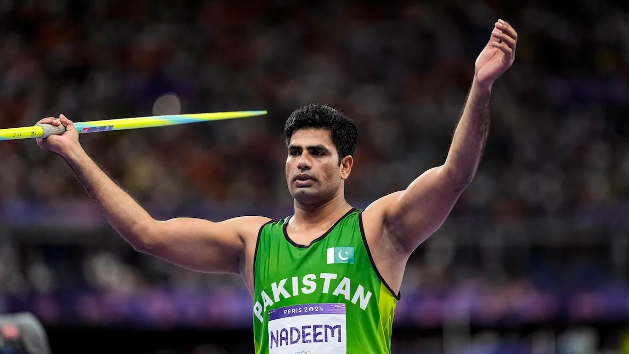 Pakistan's Arshad Nadeem competes in the men's javelin throw final at the 2024 Summer Olympics, in Paris, France, Thursday, Aug. 8, 2024. Nadeem set a new Olympic record with his throw of 92.97m.
