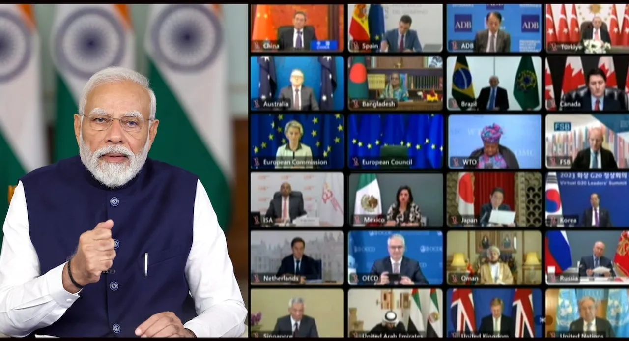 Prime Minister Narendra Modi addresses the G20 virtual summit, in New Delhi, Wednesday, Nov. 22, 2023.