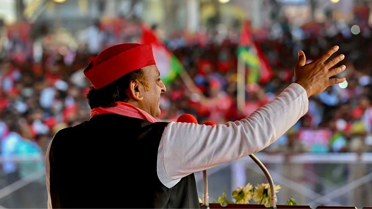 Samajwadi Party Chief Akhilesh Yadav addresses a public meeting for Lok Sabha elections