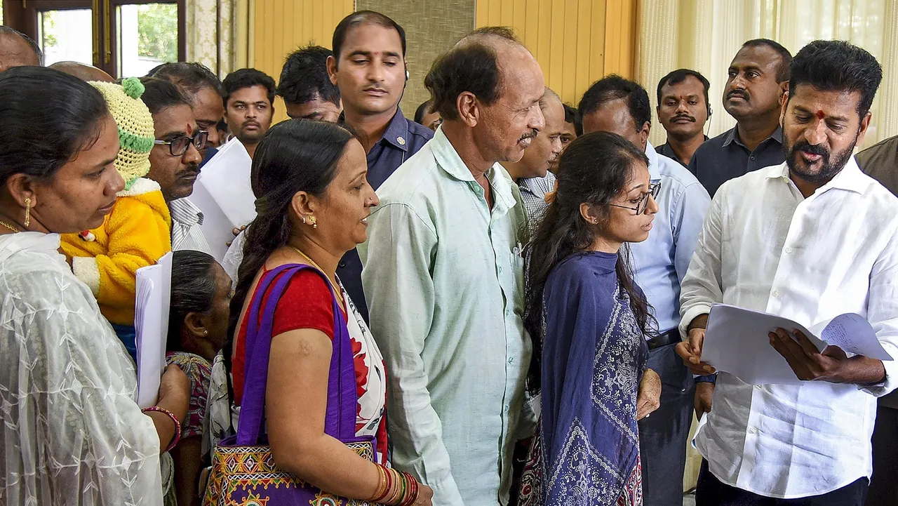 Telangana Chief Minister Revanth Reddy interacts with people during ‘Praja Darbar’ at Praja Bhavan, in Hyderabad