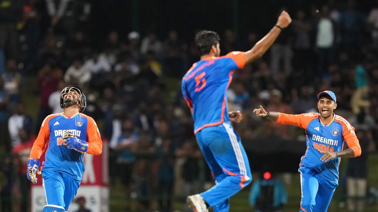 India's Washington Sundar with Suryakumar Yadav during the 3rd T20 International cricket match between India and Sri Lanka, in Pallekele, Tuesday, July 30, 2024.
