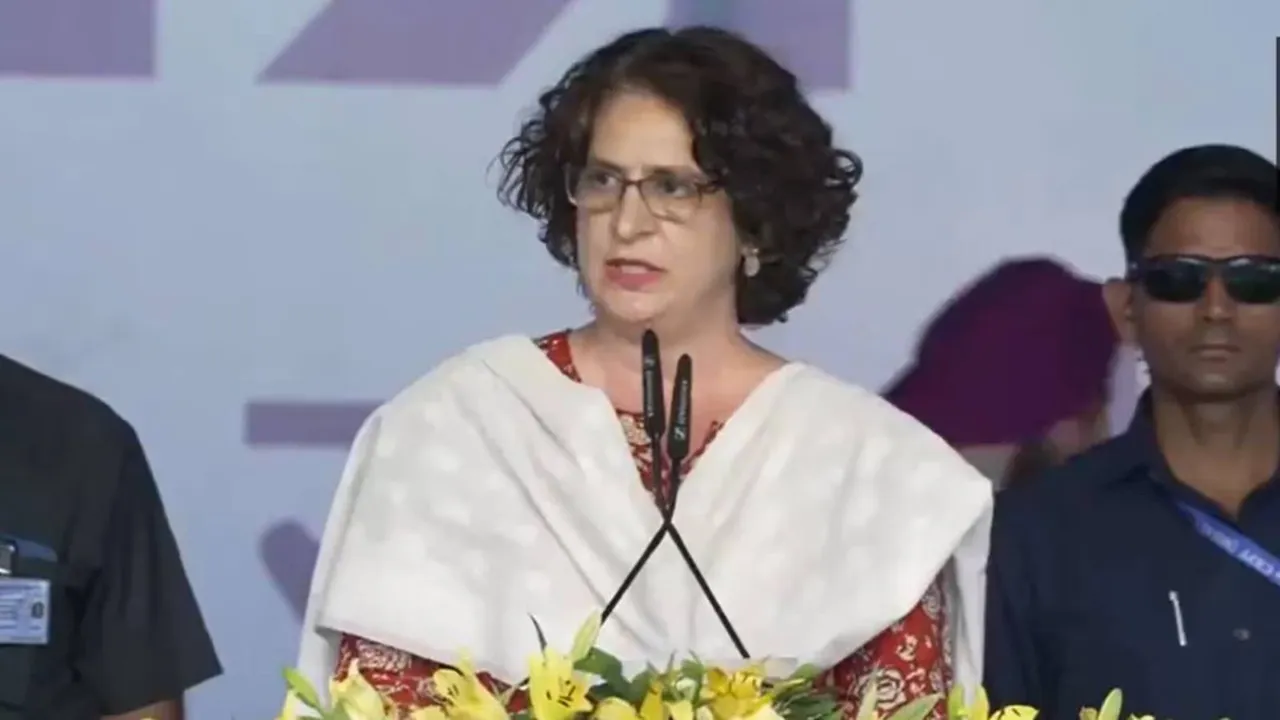 Congress general secretary Priyanka Gandhi Vadra addresses INDIA bloc rally at Ramlila Ground in New Delhi