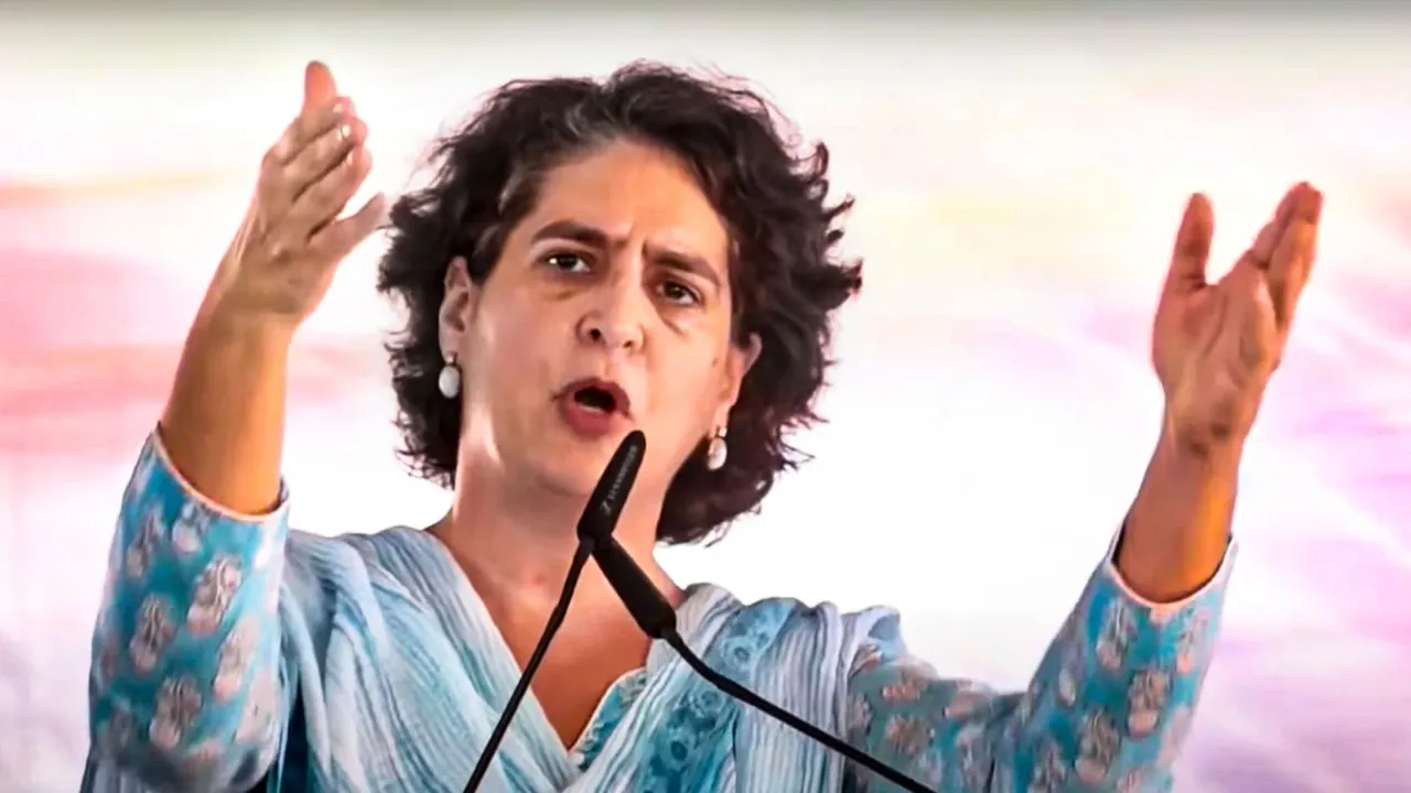 Congress leader Priyanka Gandhi during a public meeting for Haryana Assembly elections, at Naraingarh, in Ambala district, Haryana, Monday, Sept. 30, 2024.