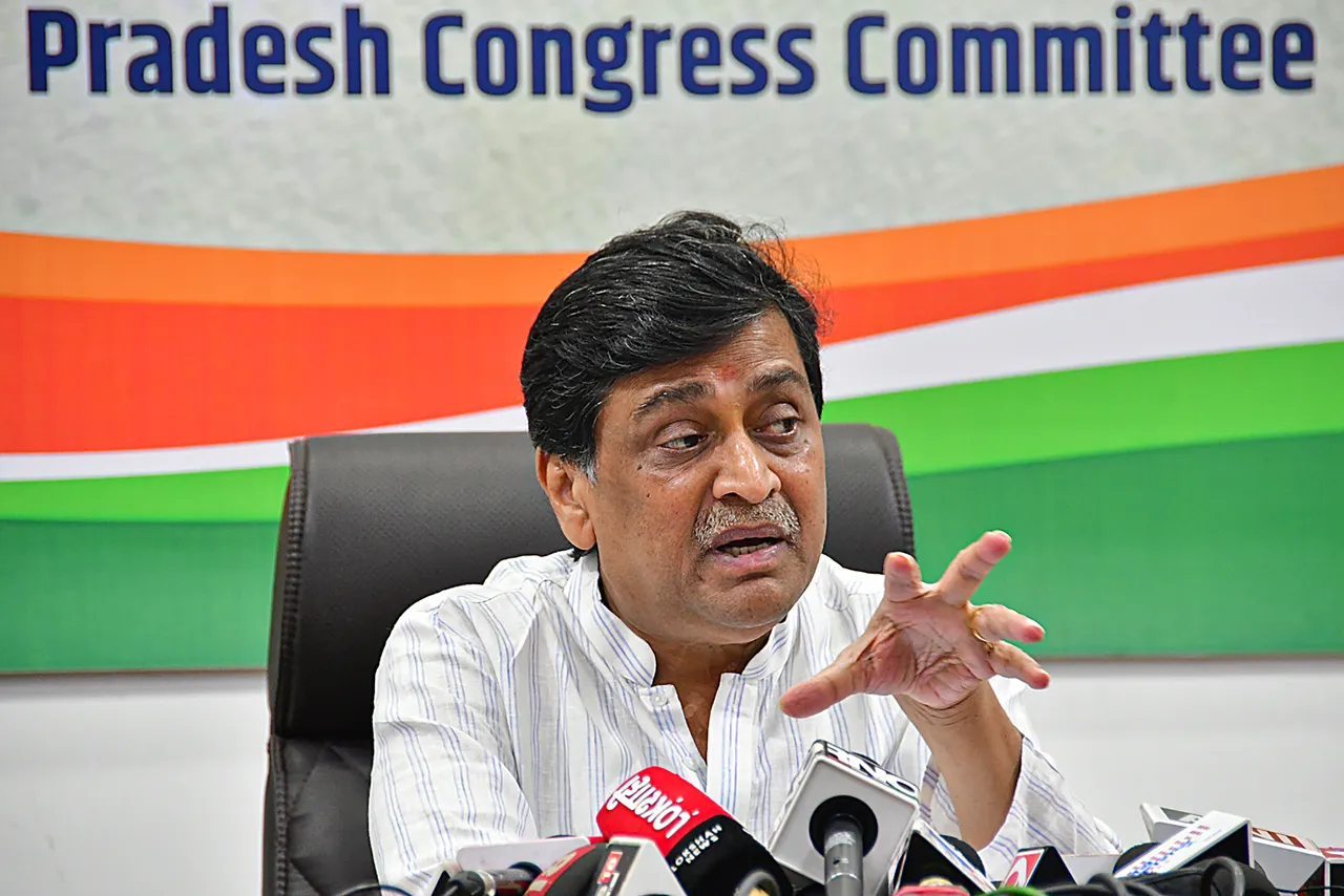 Former Maharashtra Chief Minister Ashok Chavan addresses a press conference, at Tilak Bhavan, in Mumbai