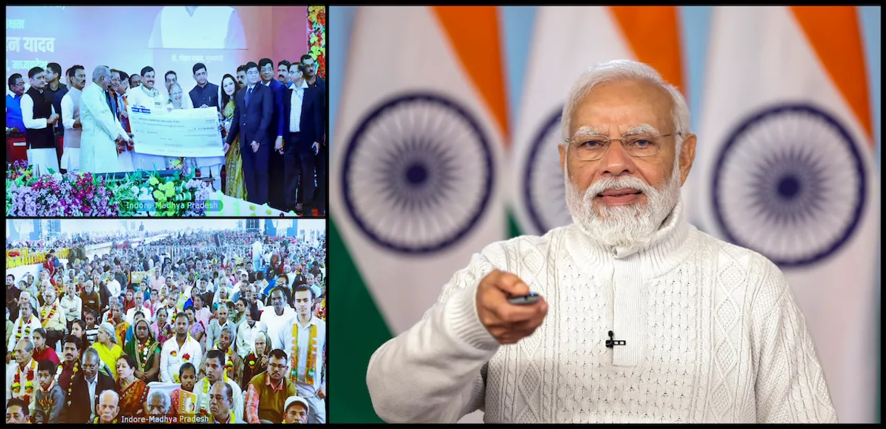 Prime Minister Narendra Modi attends the 'Mazdooron Ka Hit Mazdooron Ko Samarpit' programme in Indore, via video conference, on Monday, Dec. 25, 2023. 