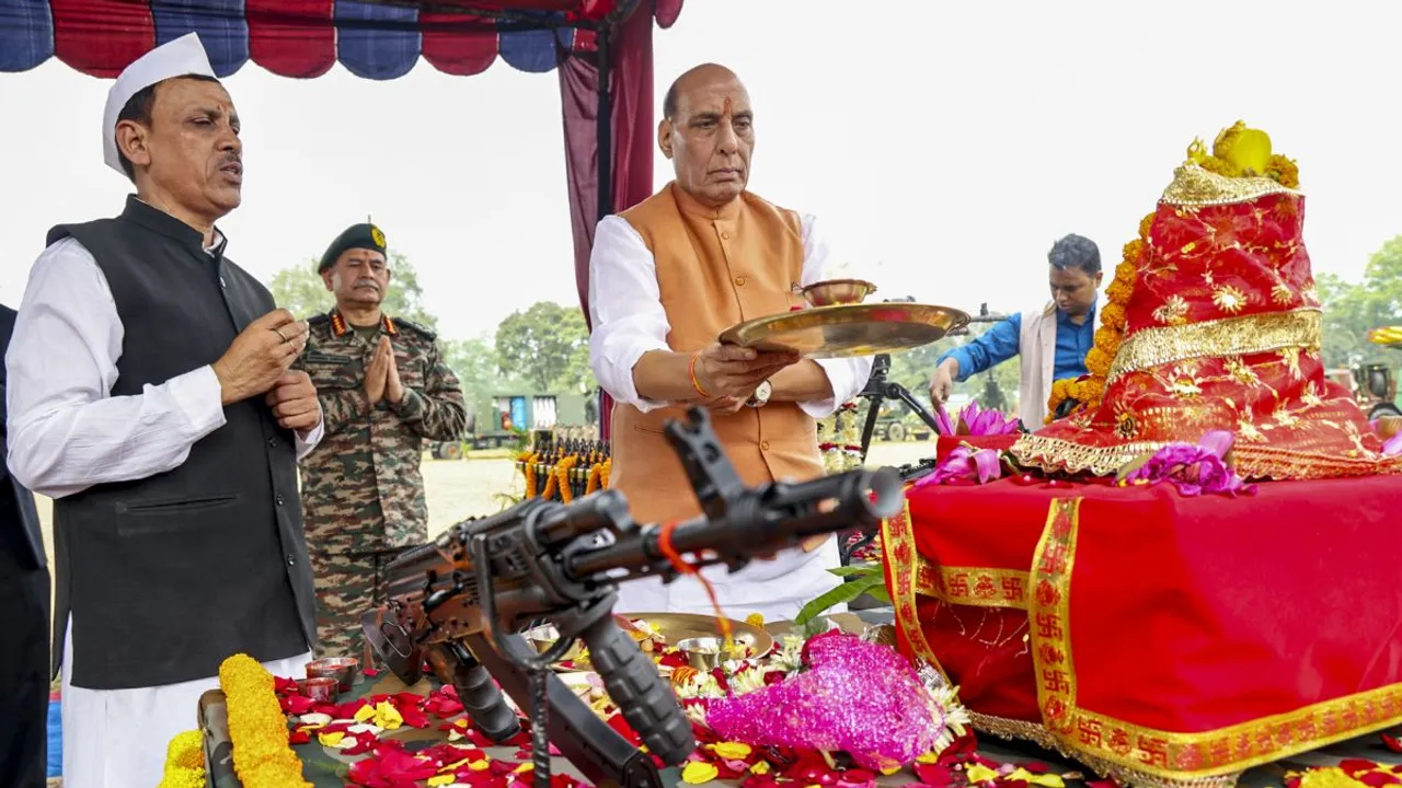 Defence Minister Rajnath Singh performs 'Shastra Puja' on the occasion of 'Vijayadashami' during a function at the Sukna Military Station, in Darjeeling district, West Bengal, Saturday, Oct. 12, 2024