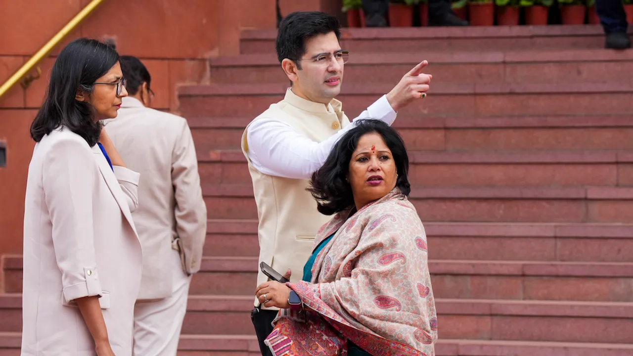 AAP MPs Raghav Chadha and Swati Maliwal with party MP Sanjay Singh's wife Anita arrives at Parliament House complex during the Budget session, in New Delhi, Monday, Feb. 5, 2024.