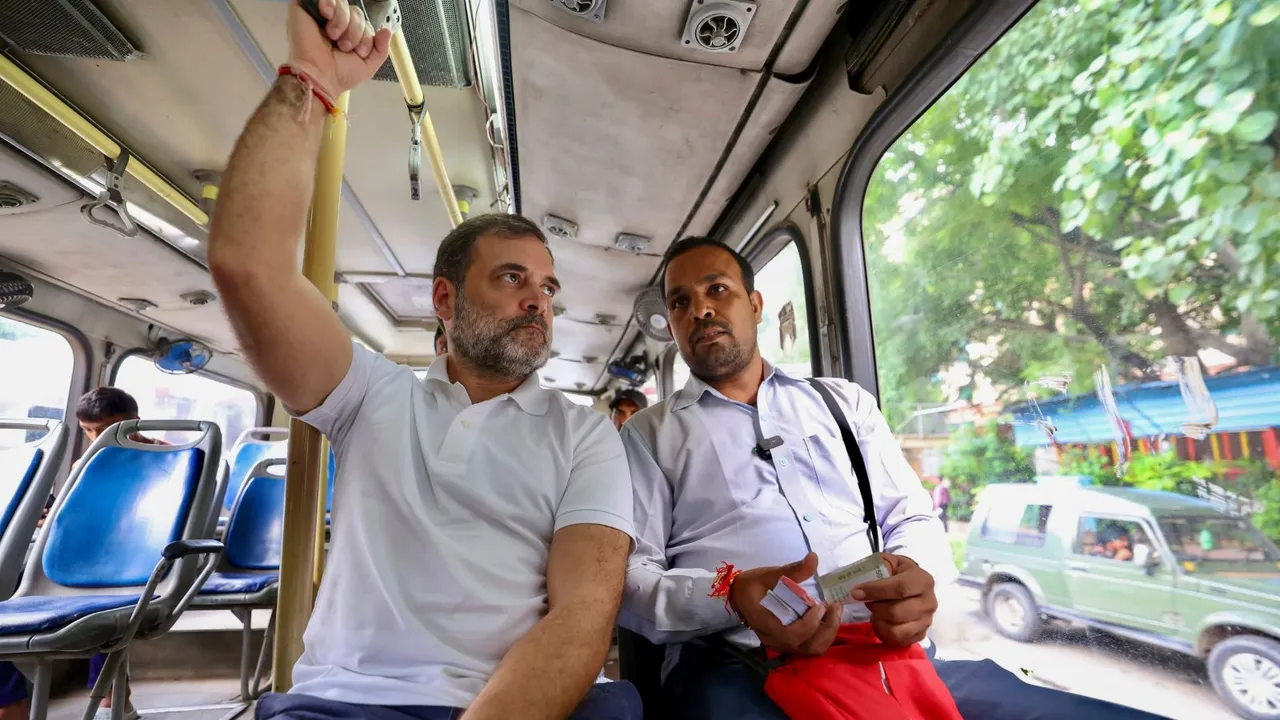 Congress MP and LoP in Lok Sabha Rahul Gandhi takes a ride on DTC bus, in New Delhi, Wednesday, Aug. 28, 2024.