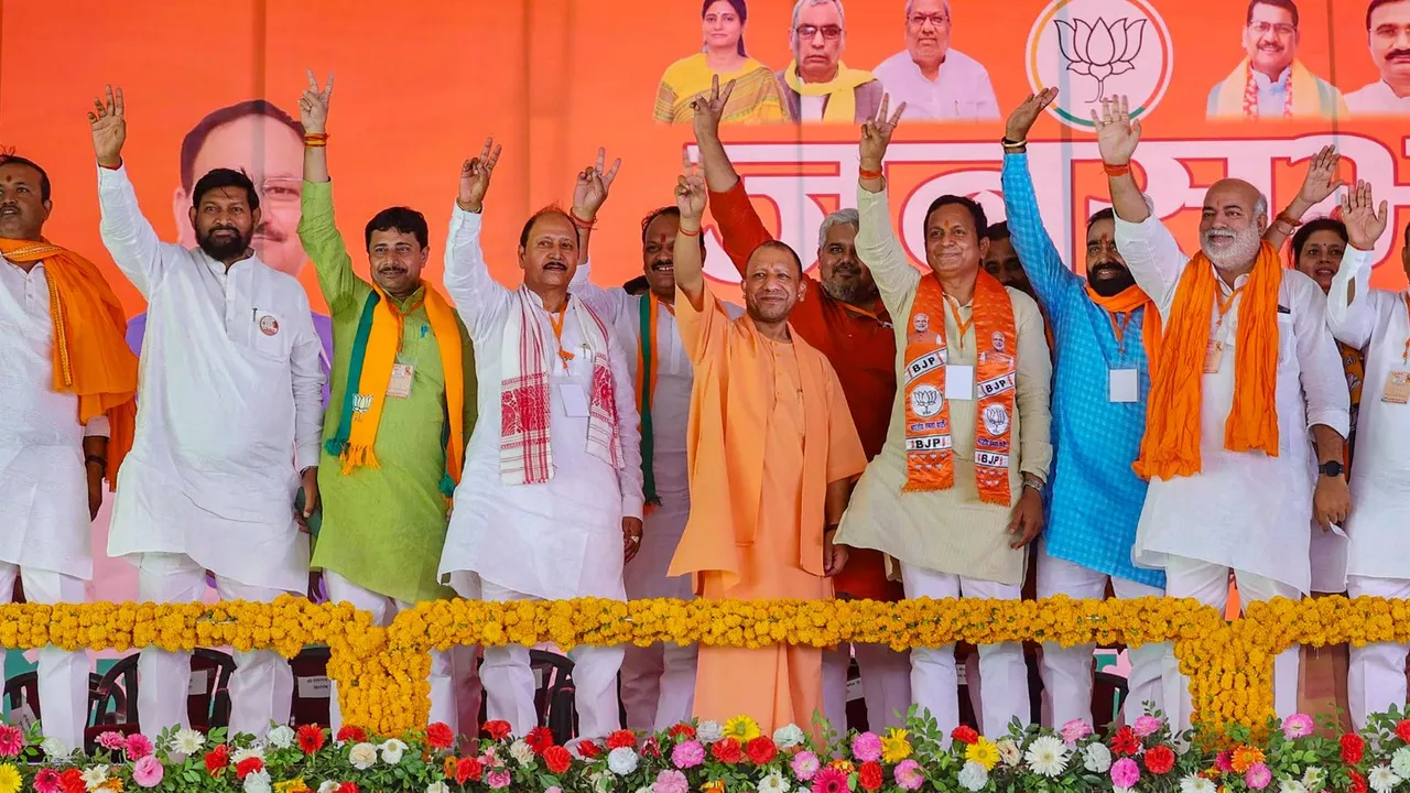 Uttar Pradesh Chief Minister Yogi Adityanath with other leaders during a campaign meeting for Lok Sabha elections at Mariahu, in Jaunpur, Wednesday, May 22, 2024