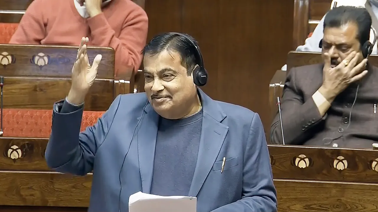 Union Minister Nitin Gadkari speaks in the Rajya Sabha during the Budget session of Parliament, in New Delhi