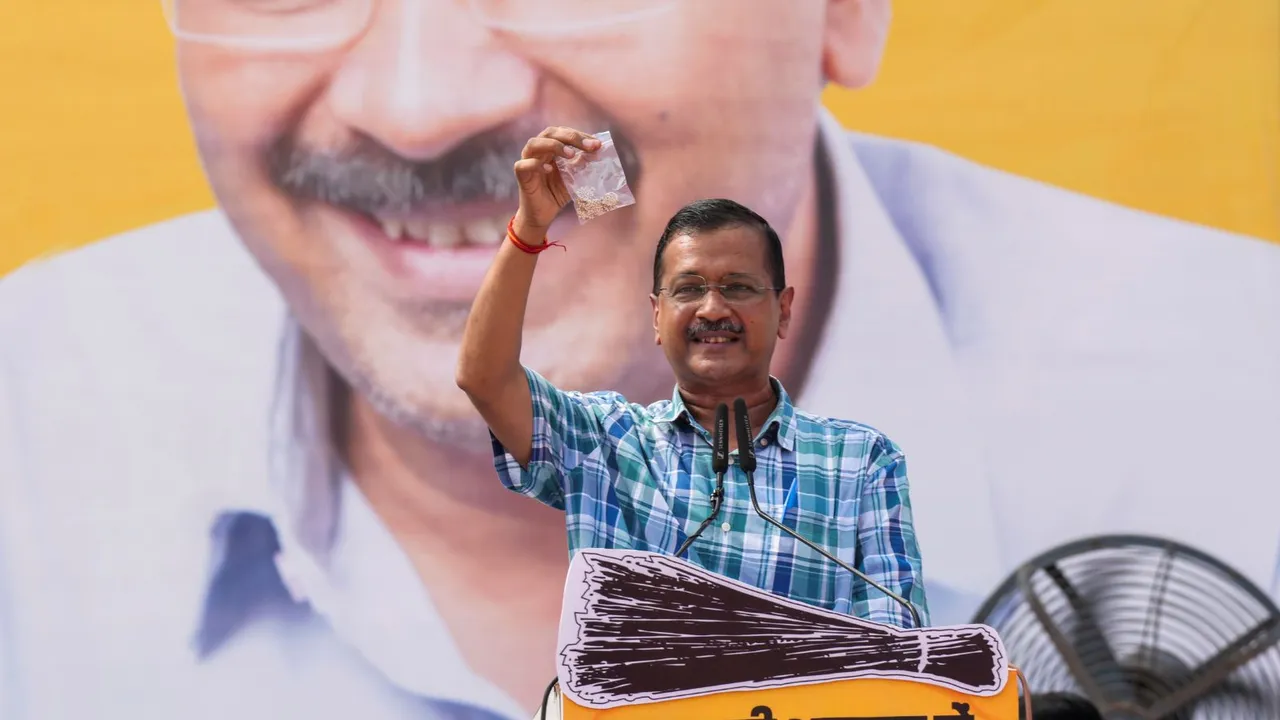 AAP national convener Arvind Kejriwal speaks during the 'Janta Ki Adalat' programme displaying 'revdi', in New Delhi, Sunday, Oct. 6, 2024.