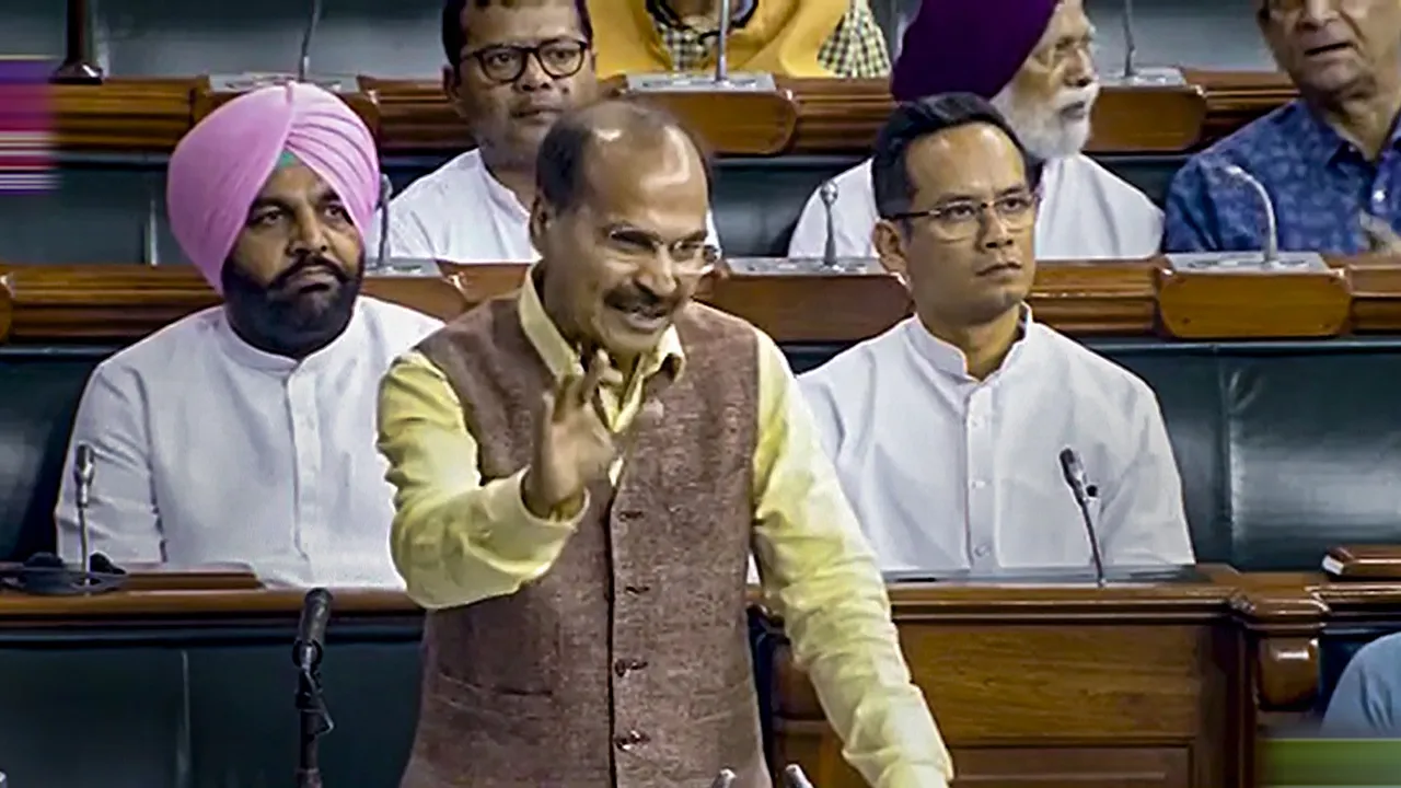 Congress MP Adhir Ranjan Chowdhury speaks during the discussion on the Motion of No-Confidence in the Lok Sabha