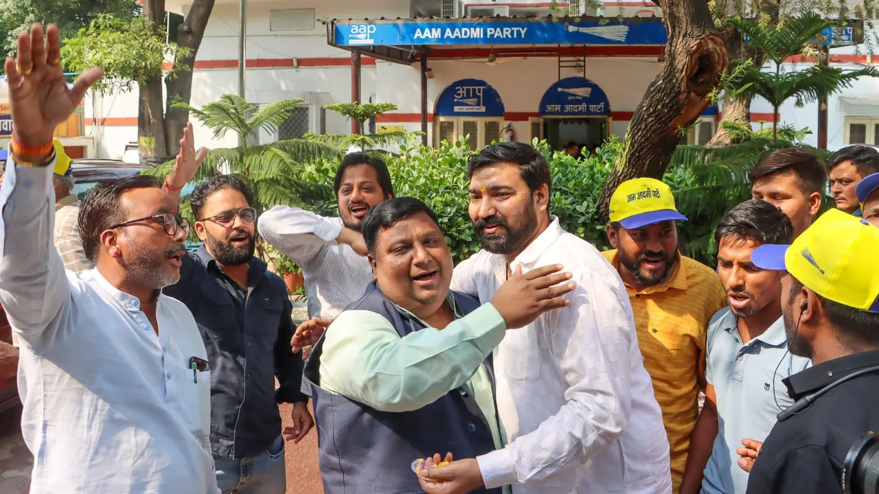 Delhi minister and AAP leader Imran Hussain celebrates with party workers after the Supreme Court granted interim bail to Delhi Chief Minister and AAP convenor Arvind Kejriwal till June 1, at party office, in New Delhi, Friday, May 10, 2024