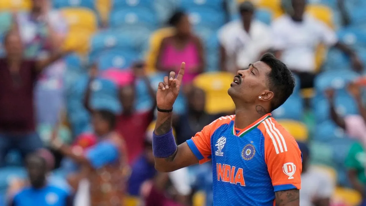 India's Hardik Pandya celebrates the wicket of South Africa's Kagiso Rabada during the ICC Men's T20 World Cup final cricket match between India and South Africa at Kensington Oval in Bridgetown, Barbados, Saturday, June 29, 2024