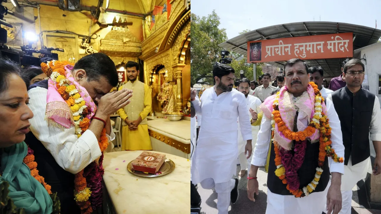 AAP MP Sanjay Singh visits Hanuman Mandir, a day after he was released from the Tihar Jail following a Supreme Court order granting him bail in the Delhi excise policy case, in New Delhi, Thursday, April 4, 2024