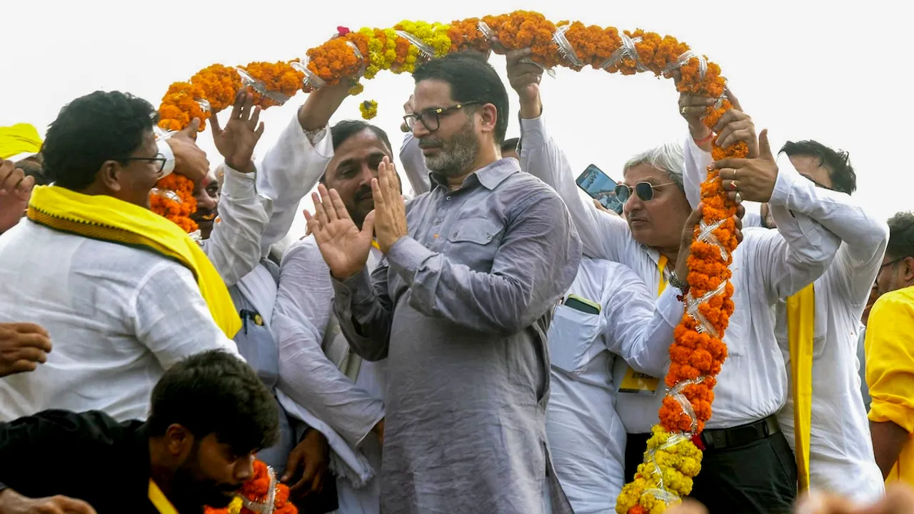 Jan Suraaj founder Prashant Kishor being garlanded by supporters during the formal launch of his new political party as Jan Suraaj Party at Veterinary College grounds, in Patna, Wednesday, Oct. 2,2024.