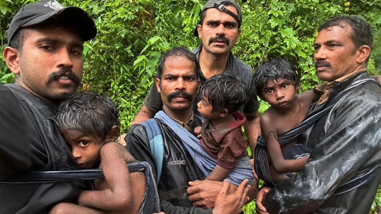 A six- member family including four children was rescued by forest officials after they stranded in deep forest following the landslide in Wayanad district of Kerala on Friday