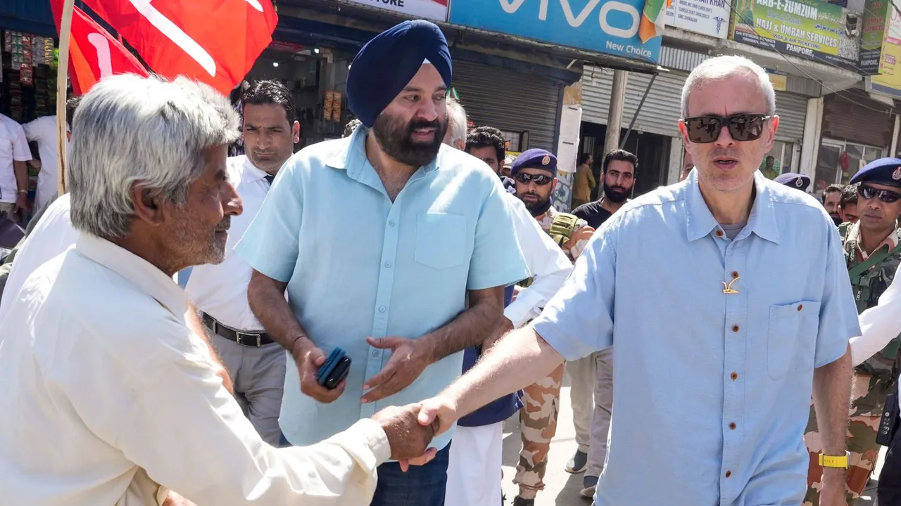 J&K National Conference Vice President Omar Abdullah during a rally ahead of J&K Assembly elections, at Pampore in Pulwama district, Jammu & Kashmir, Monday, Sept. 16, 2024.