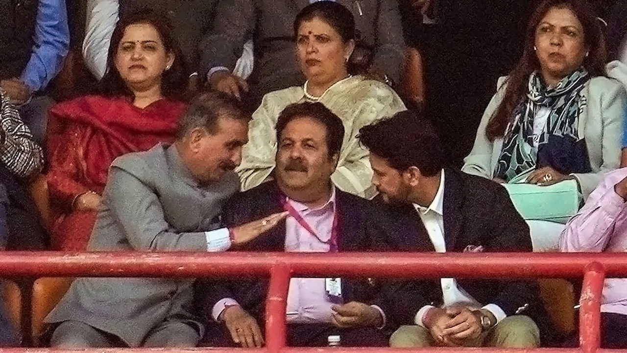 Union Minister for Youth Affairs and Sports Anurag Singh Thakur with Himachal Pradesh Chief Minister Sukhvinder Singh Sukhu and BCCI Vice President Rajeev Shukla during the ICC Men's Cricket World Cup 2023 match between India and New Zealand, at the HPCA Stadium in Dharamshala, Sunday, Oct. 22, 2023.