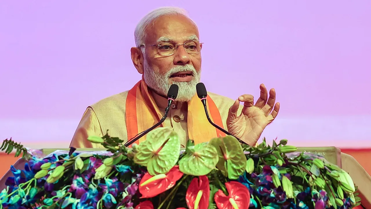 Prime Minister Narendra Modi speaks during the 4th groundbreaking ceremony of UP Global Investors' Summit, in Lucknow, Monday, Feb. 19, 2024.