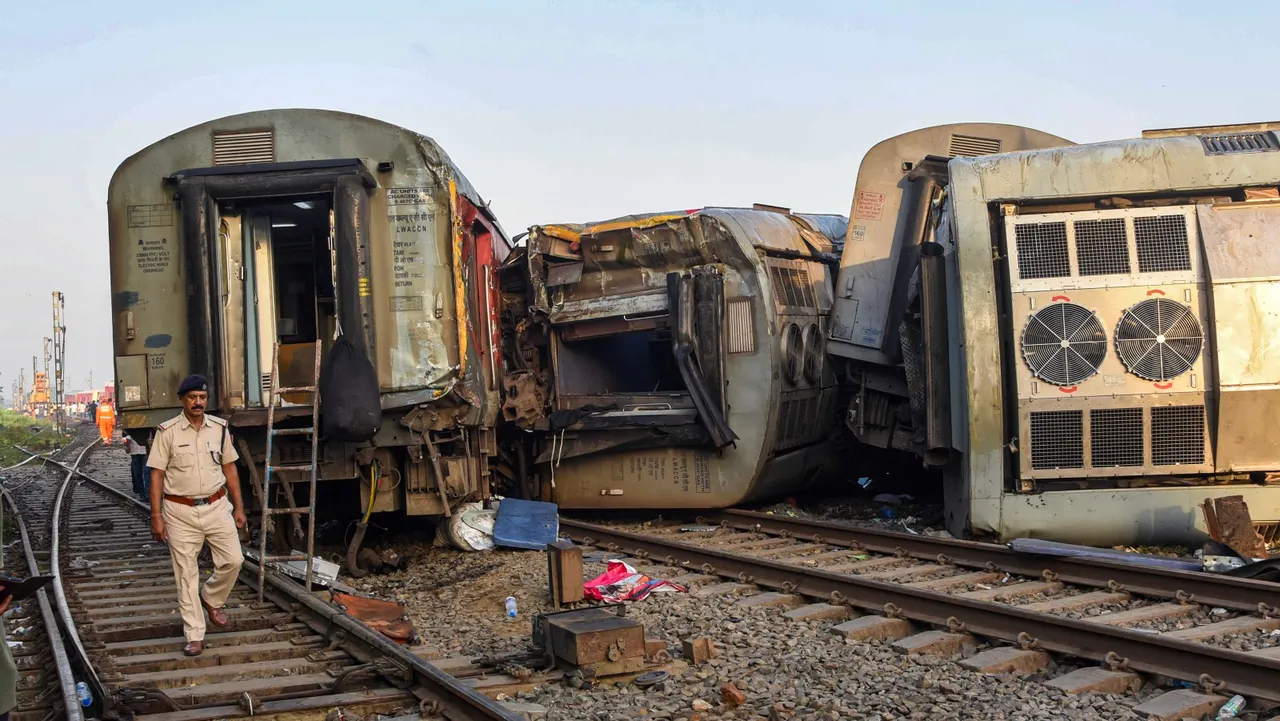 Derailed coaches of North East Express near Raghunathpur railway station, in Buxar district