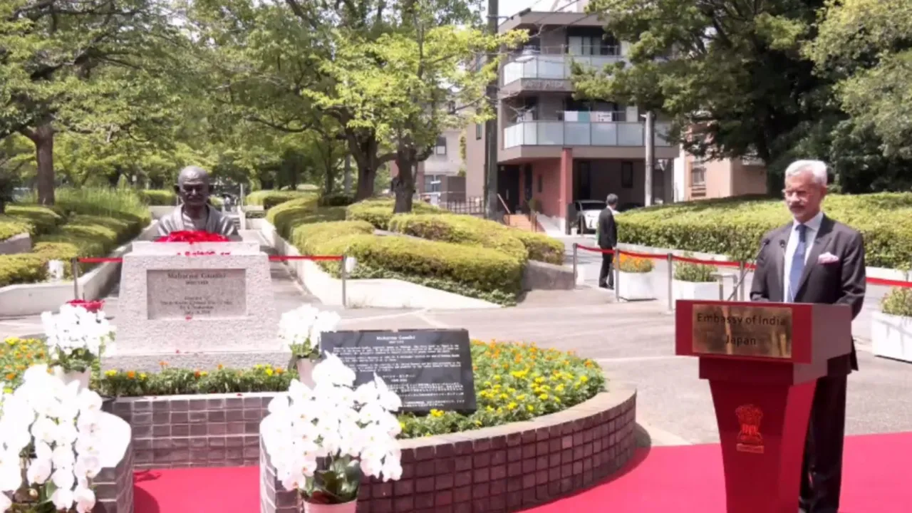 External Affairs Minister S. Jaishankar speaks during the unveiling of Mahatma Gandhi's bust in Edogawa, Tokyo, Sunday, July 28, 2024.