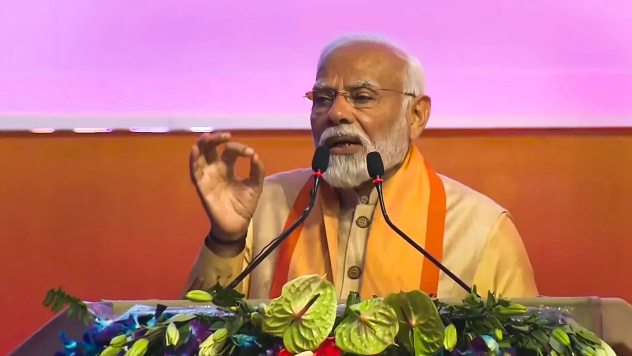 Prime Minister Narendra Modi speaks during the 4th groundbreaking ceremony of UP Global Investors' Summit, in Lucknow