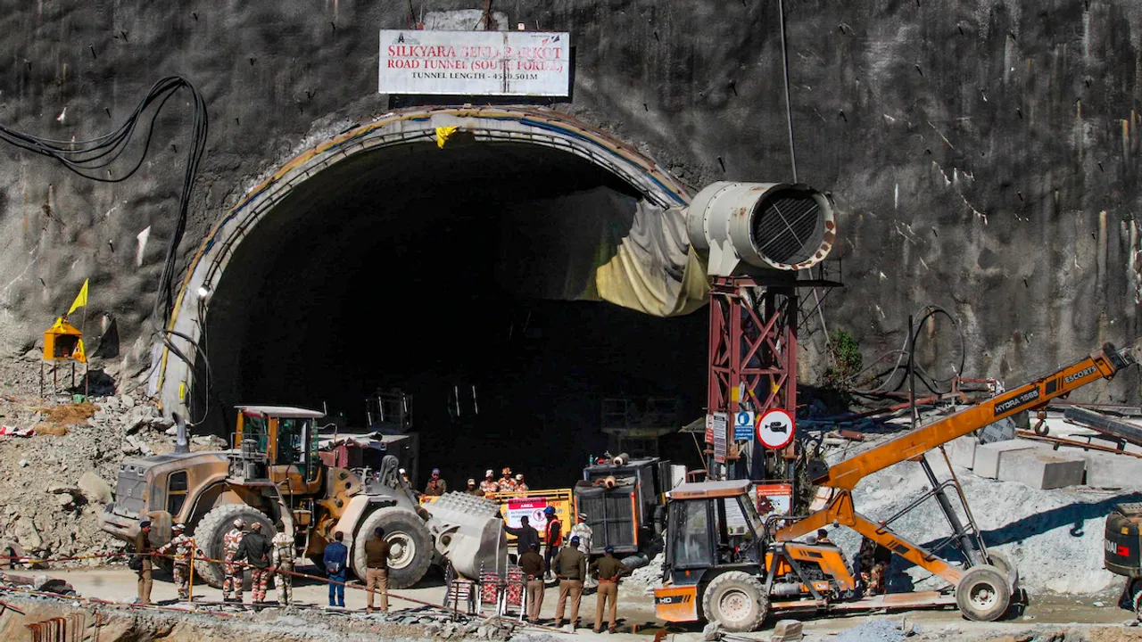 Rescue and relief operation underway after a portion of a tunnel under construction between Silkyara and Dandalgaon on the Brahmakhal-Yamunotri national highway collapsed, in Uttarkashi district