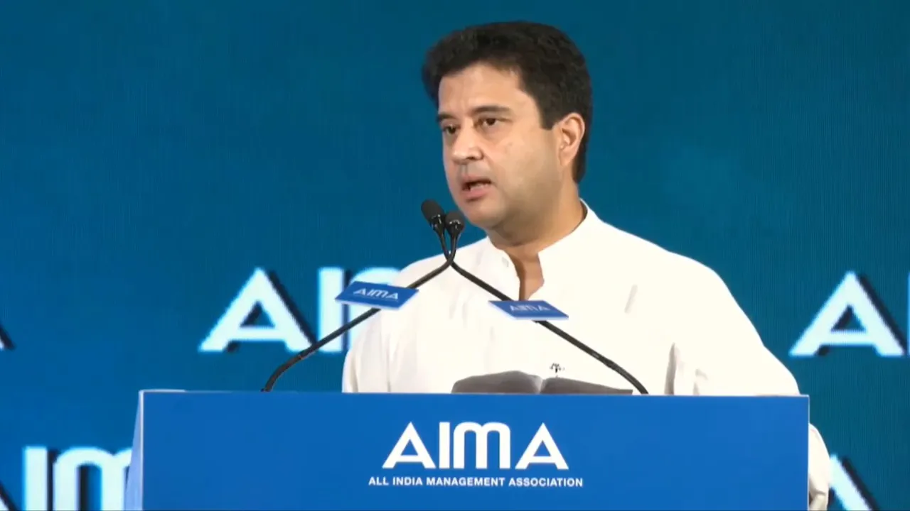 Union Minister Jyotiraditya M Scindia delivering a keynote address at the 51st edition of the AIMA National Management Convention