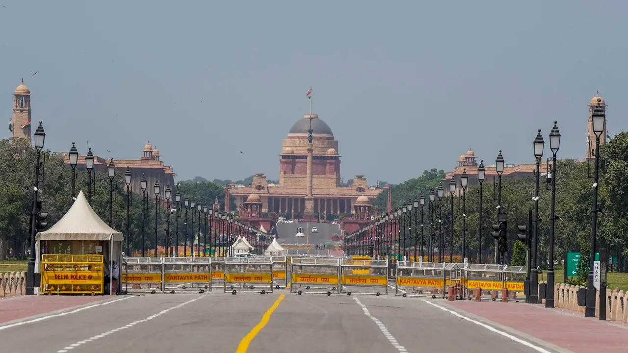 Police barricades put up near the Rashtrapati Bhavan to regulate traffic movement ahead of the G20 Summit, in New Delhi