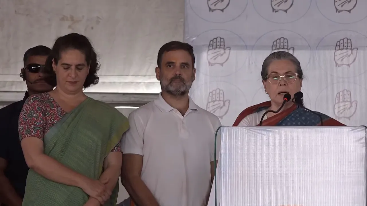 Former Congress President Sonia Gandhi with Rahul Gandhi and Priyanka Gandhi in Raebareli