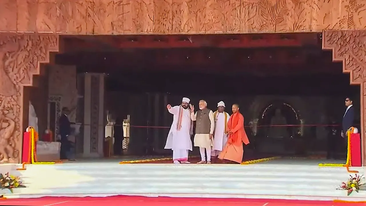 Prime Minister Narendra Modi with Uttar Pradesh Chief Minister Yogi Adityanath during the inauguration of Swarved Mahamandir, in Varanasi
