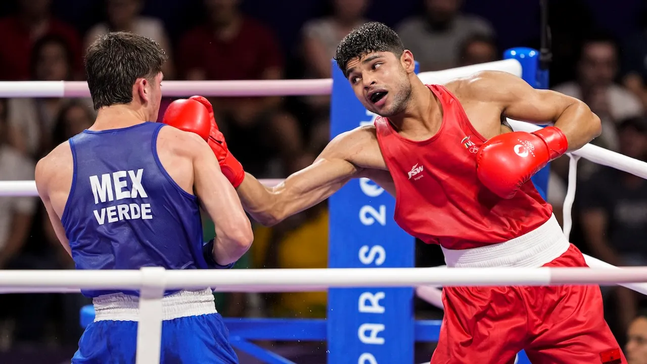 India's Nishant Dev (in red) and Alvarez Marco Verde of Maxico during their men's 71kg quarterfinal boxing match at the 2024 Summer Olympics, Paris, France, Saturday, Aug. 3, 2024. Nishant lost the match by 1-4. 