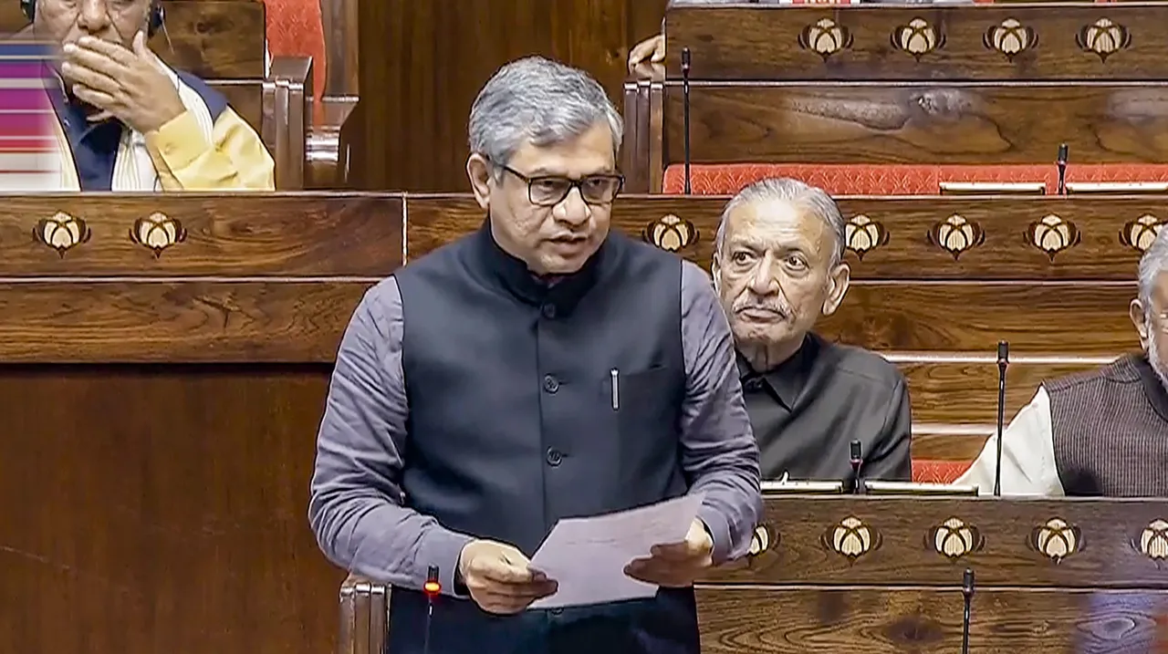 Union Minister Ashwini Vaishnaw speaks in the Rajya Sabha during the Winter session of Parliament