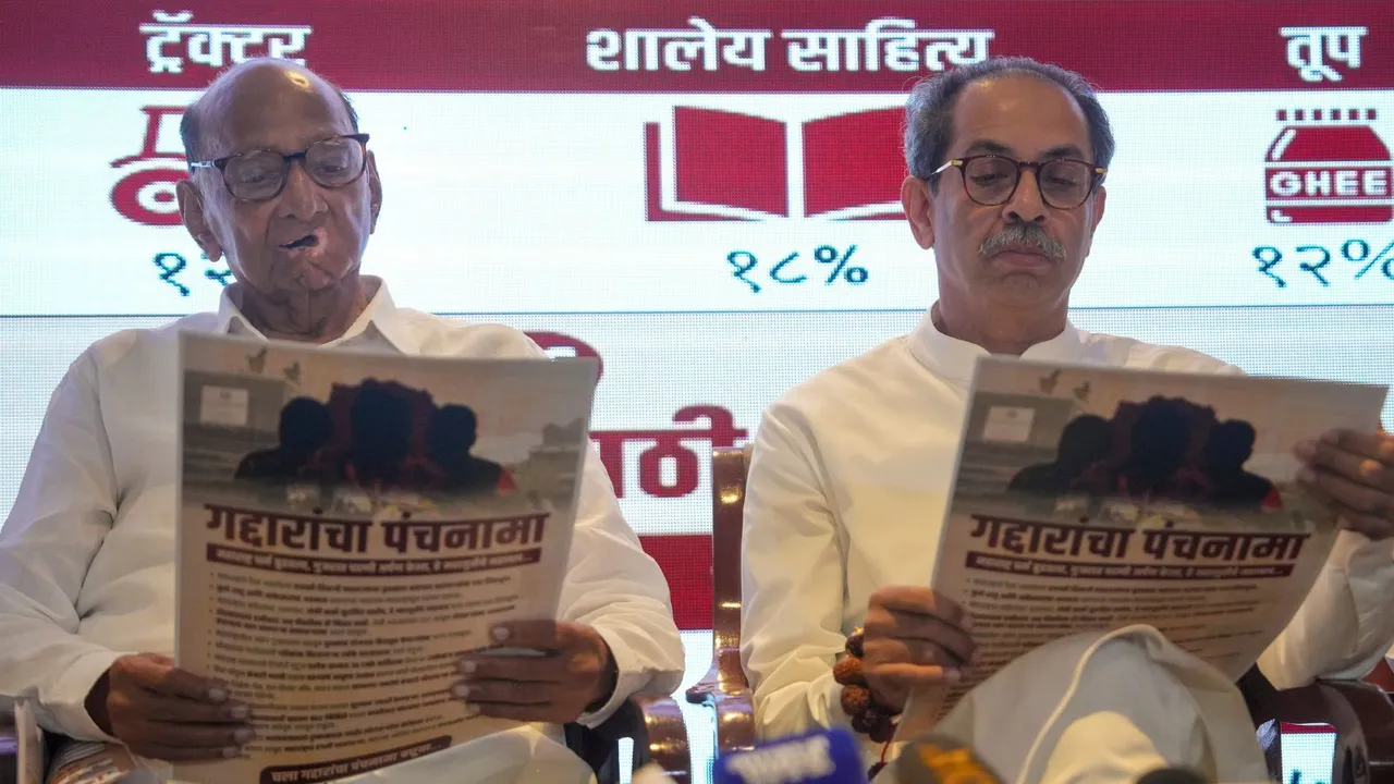NCP (SP) Chief Sharad Pawar with Shiv Sena (UBT) Chief Uddhav Thackeray during the Maha Vikas Aghadhi press conference, in Mumbai, Sunday, Oct. 13, 2024.