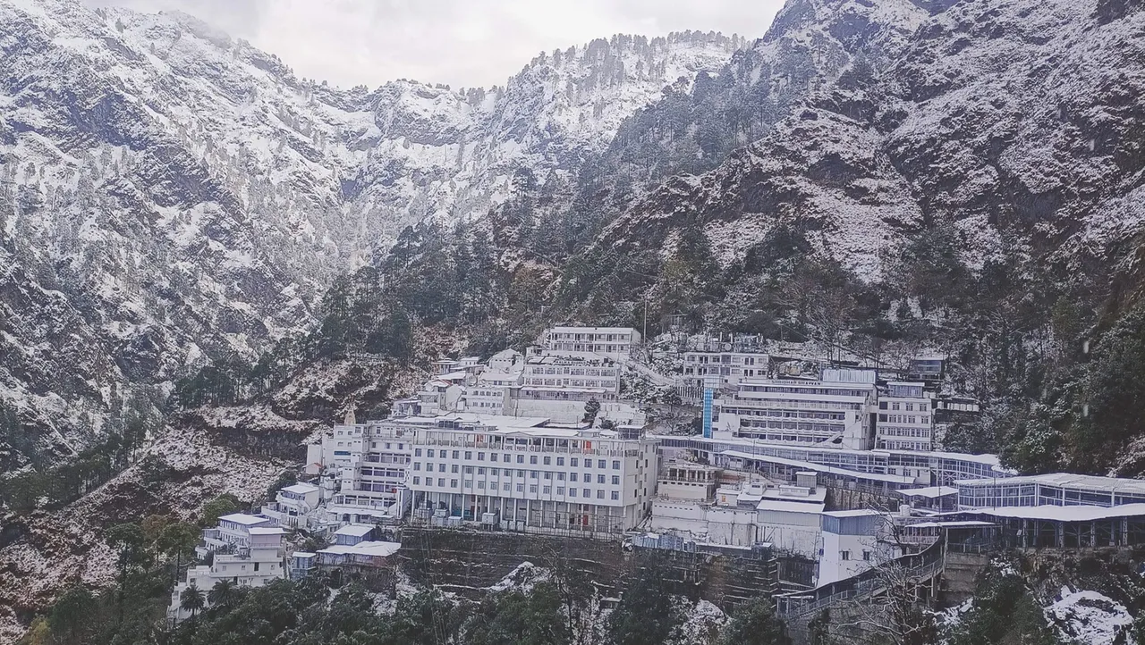 Mata Vaishno Devi Bhavan covered in snow after fresh snowfall, at Katra in Reasi district, Thursday, Feb. 1, 2024