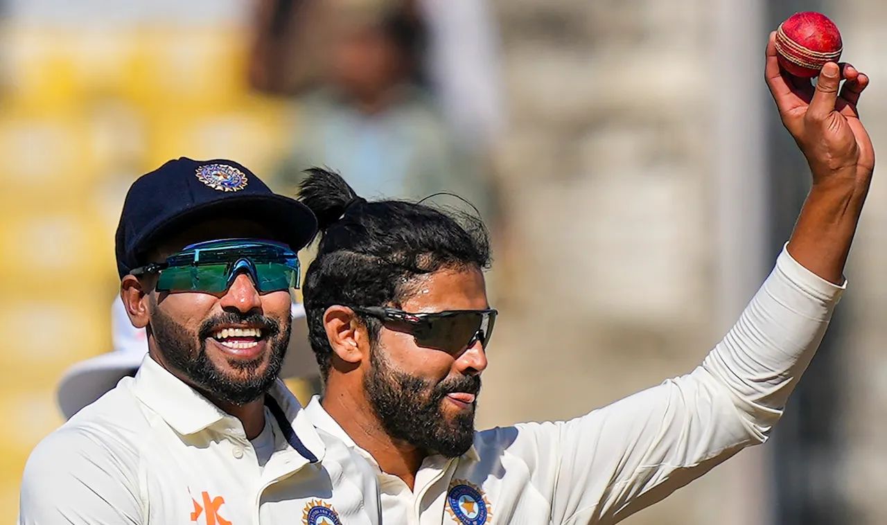 Indian bowler Ravindra Jadeja celebrates after taking his 5th wicket during the first day of the 1st test cricket match between India and Australia at Vidarbha Cricket Association Stadium in Nagpur