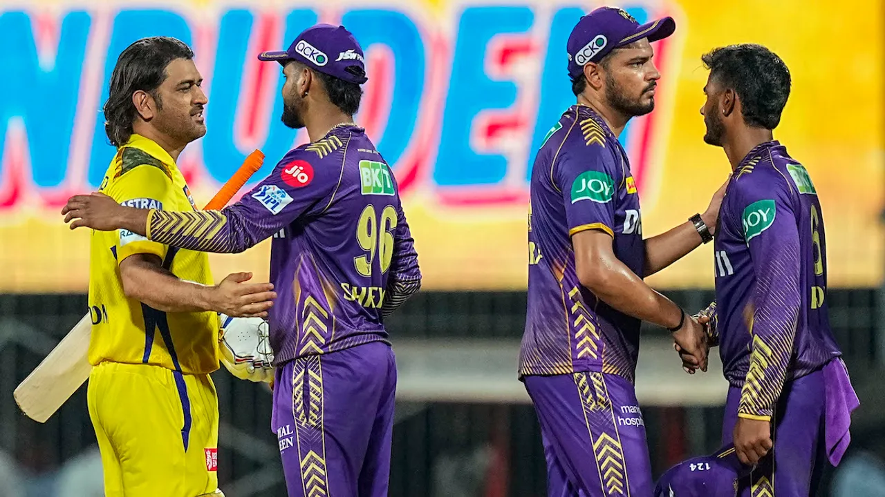 Chennai Super Kings' Mahendra Singh Dhoni meets Kolkata Knight Riders players after winning the Indian Premier League (IPL) 2024 T20 cricket match, at MA Chidambaram Stadium, in Chennai, Monday, April 8, 2024.